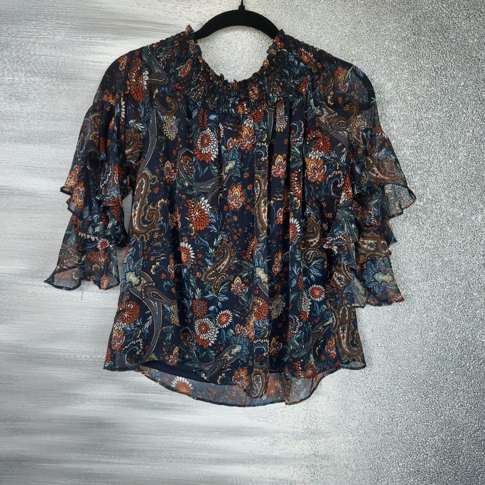 1. State Orange Bell Sleeve Blouse with Ruffled Mandarin Collar - Picture 5 of 6
